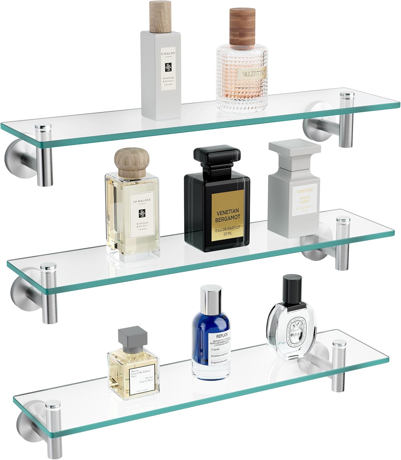 KES 20-Inch Bathroom Glass Floating Shelves 3-Pack, Rustproof Stainless Steel Brackets, Tempered Glass Wall Mount A2021-2-P3