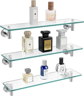KES 20-Inch Bathroom Glass Floating Shelves 3-Pack, Rustproof Stainless Steel Brackets, Tempered Glass Wall Mount A2021-2-P3