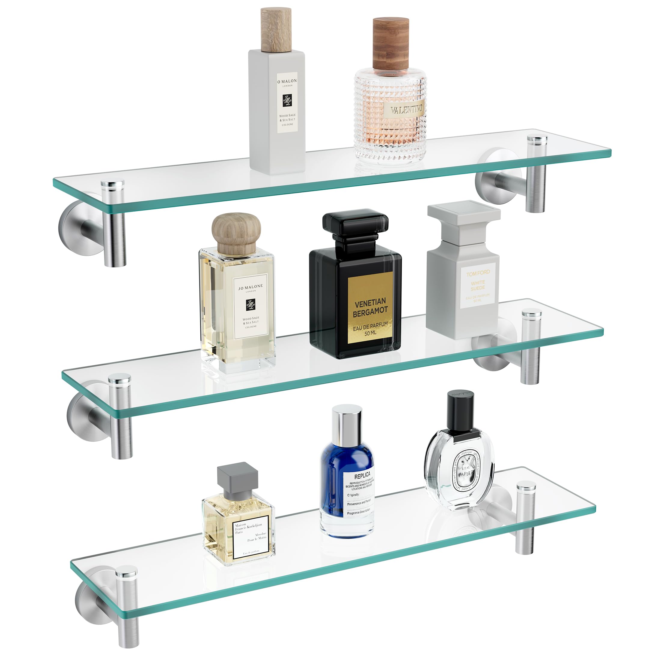 KES Glass Shelf for Bathroom, Floating Glass for Wall Shelves 20-Inch 3 Pack Rectangular Stainless Steel Brackets Wall Mounted Brushed Finish, A2021-2-P3