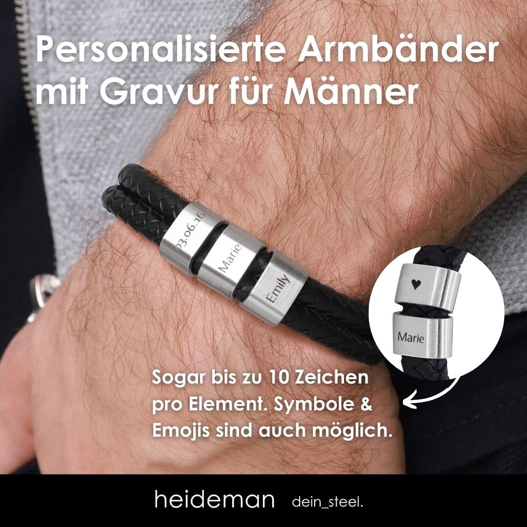 Heideman Herren Lederarmband Elian 2 Gravurplättchen silber | Elian Herren-Lederarmband, geflochtenes Leder, silberne Gravurplättchen, personalisierbar, Magnetverschluss, für Männer