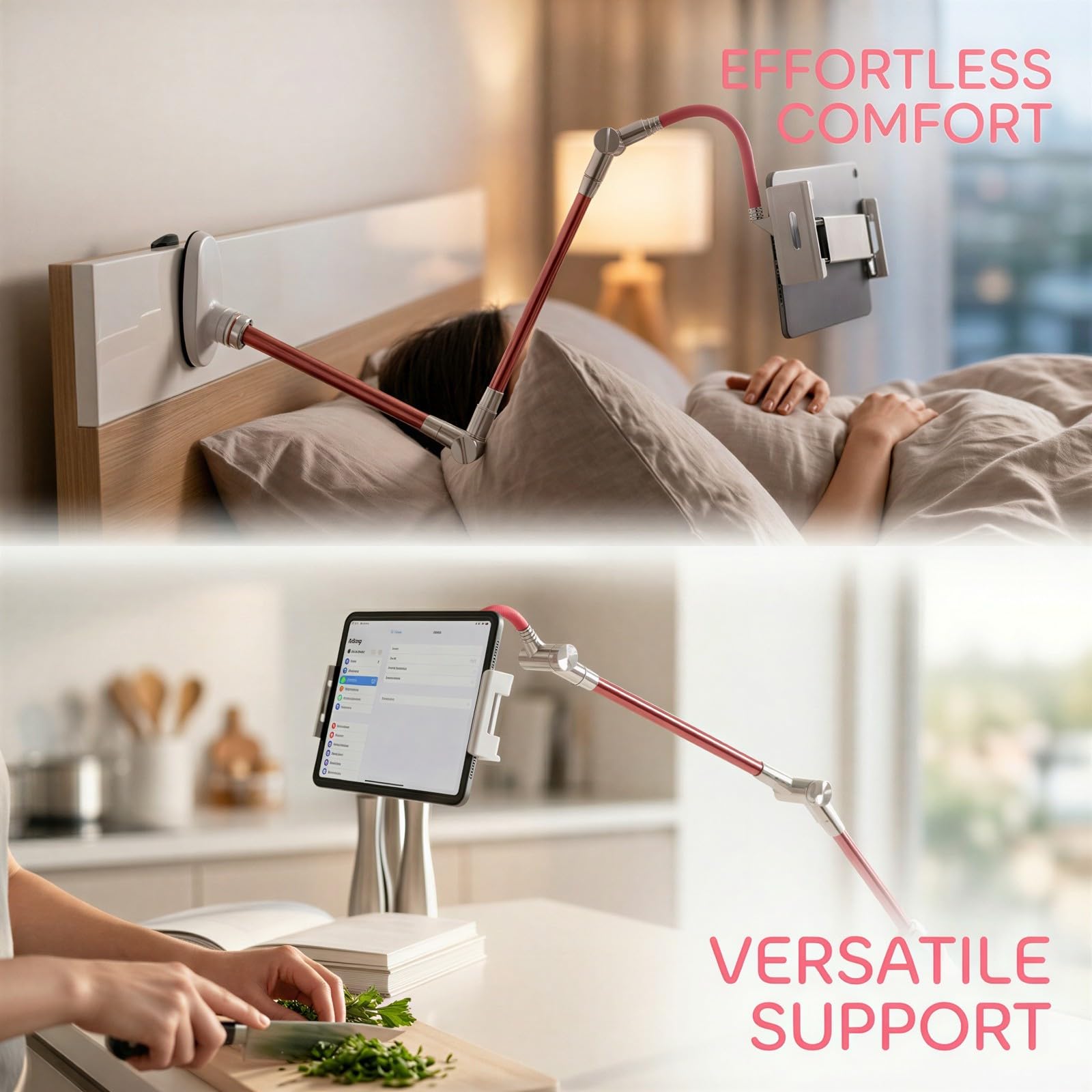 Flexibler Tablet-Halter, Langer Arm für Bett und Schreibtisch, 360-Grad-drehbarer Tablet-Halter mit Kopf, Rosa Telefonklemme, ergonomischer Schwanenhalsarm für Filme und Lesen