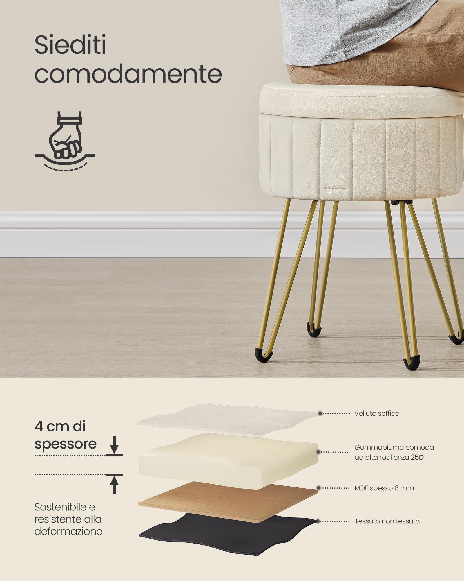 SONGMICS Sgabello Pouf Contenitore, Cassapanca Rotonda, Sgabello Toeletta in Velluto, 39 x 44,4 cm (Diam. x A), 4 Gambe in Metallo, Soggiorno Camera da Letto, Bianco Crema LOM003W01