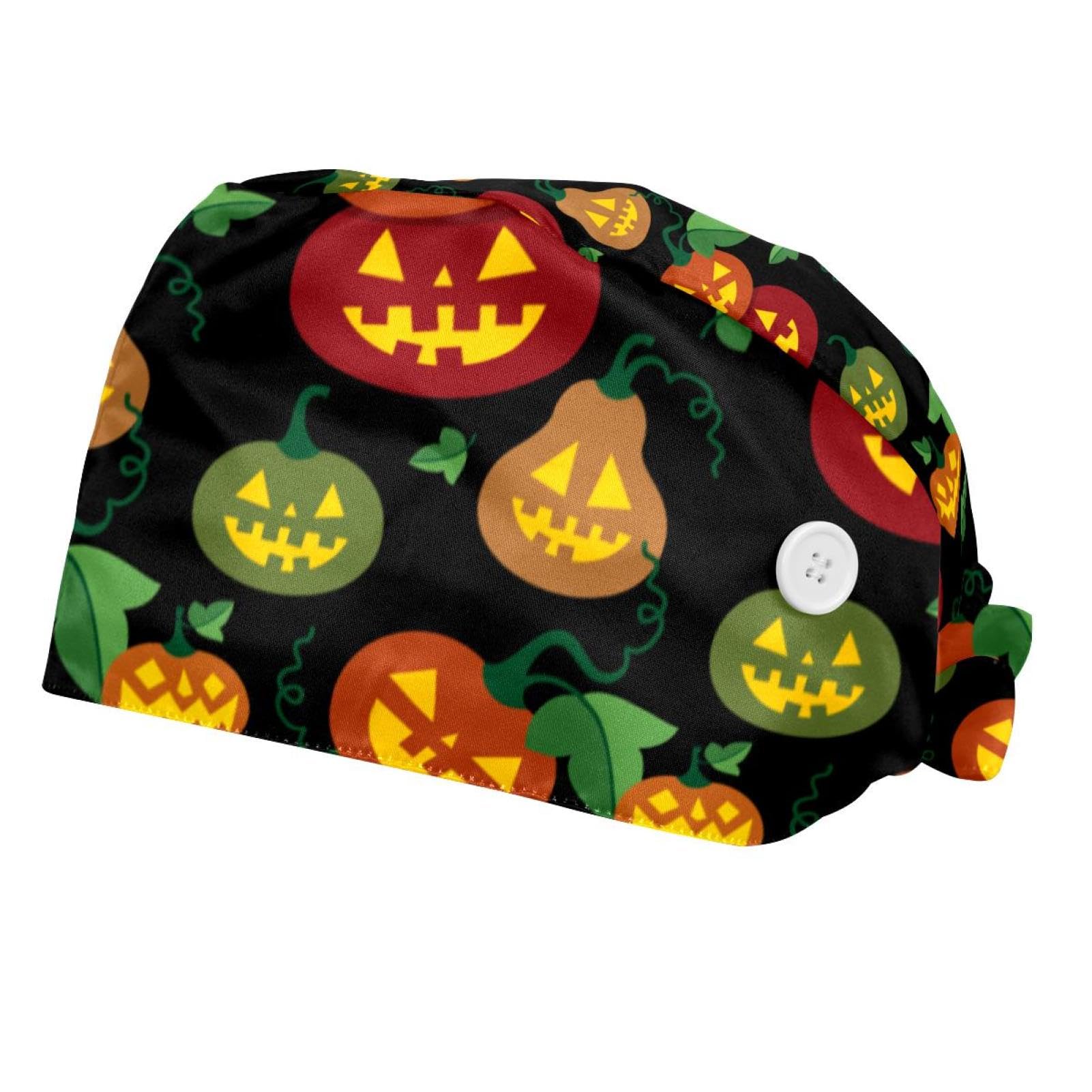 Halloween Pumpkin 2 Pieces Unisex Working Caps with Buttons Adjustable Bouffant Hats Tie Back Caps
