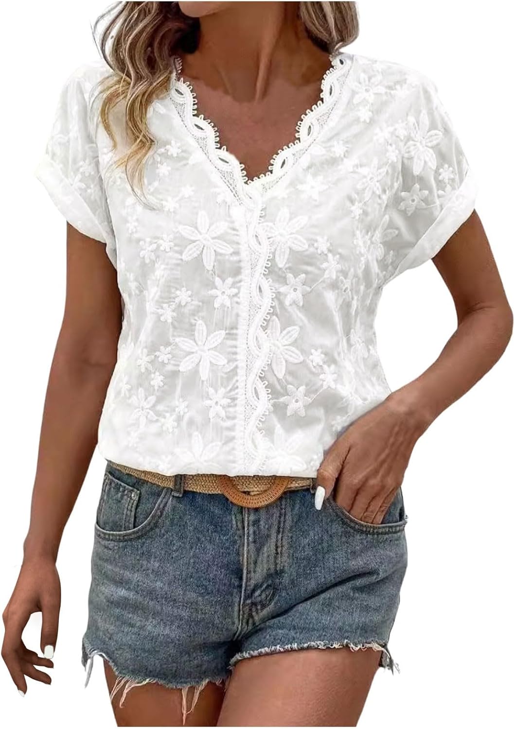 Women Fashion Solid Embroidered Casual V Neck Lace Patchwork Shirt 