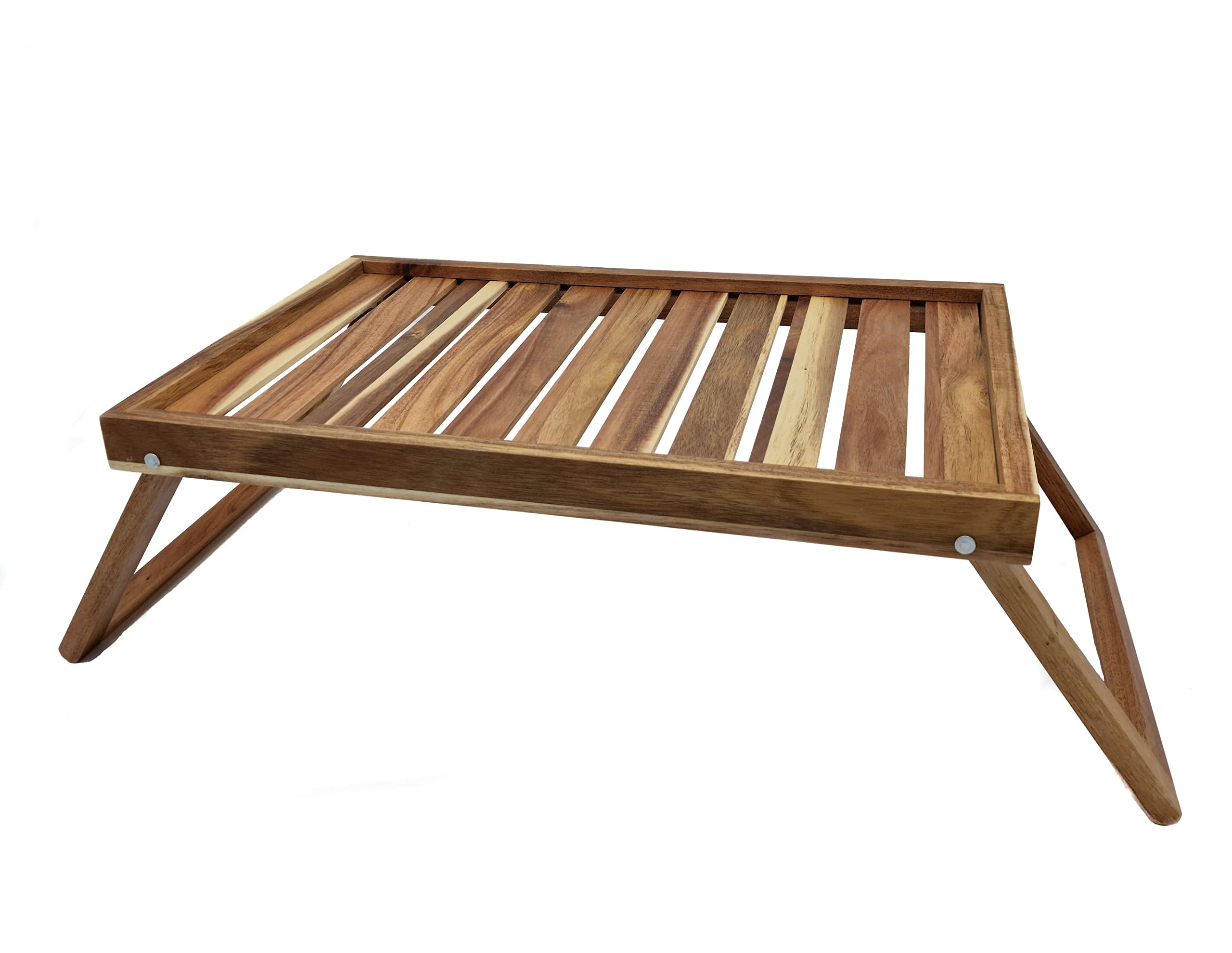 Plateau de lit en acacia avec pieds rabattables - 49 x 33 cm - Plateau de service en bois avec armature - Plateau pour petit-​déjeuner - Table de lit pour ordinateur portable TV lit Snack Servier