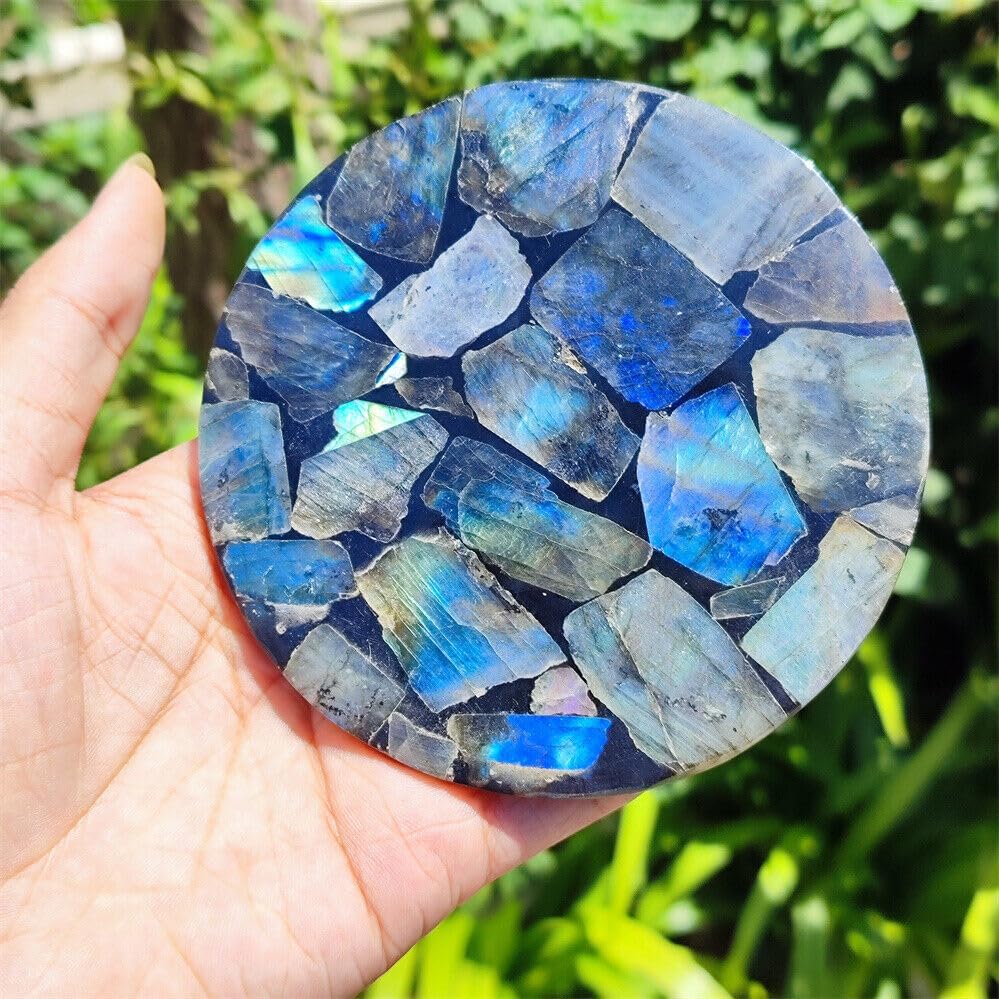 TEAMWILL Posavasos de labradorita natural de 4.331 in, 4.5 pulgadas, disco de arte de cristal de cuarzo, piedra para bar, fiesta, decoración del