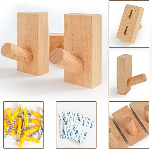Miniatura 7 de DINGEE Ganchos de pared para colgar, paquete de 6 ganchos de madera resistentes para colgar en la pared, ganchos adhesivos de pared para sombrero,