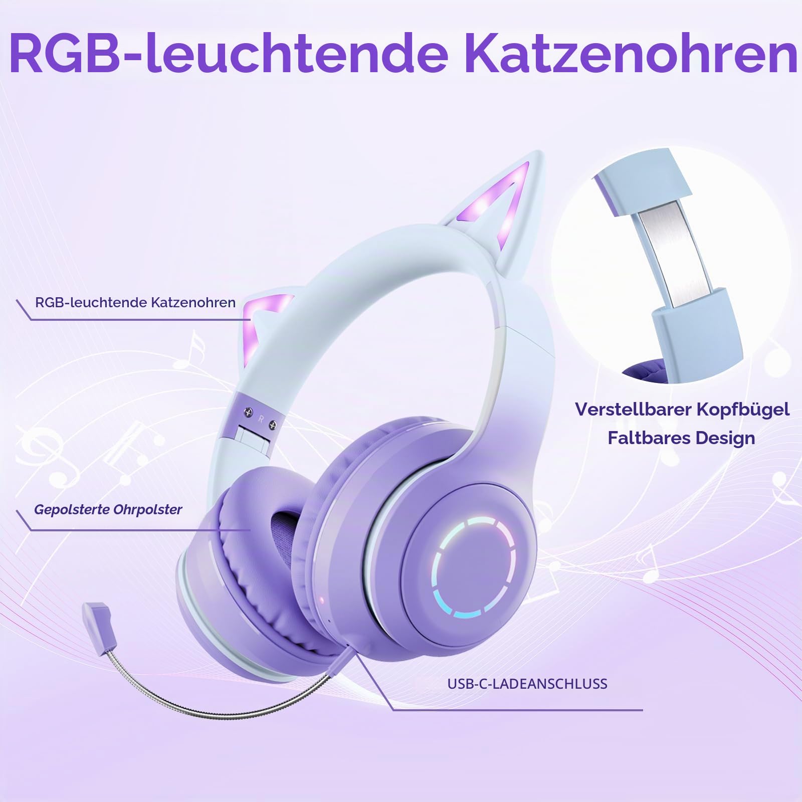 Sendowtek Kinder Kopfhörer, Mädchen Bluetooth Kopfhörer Over Ear Katze Kinderkopfhörer mit Abnehmbarem Mikrofon LED Licht, Faltbare Kabellos Kopfhörer für Kinder Erwachsene Schule/Tablet/PC/Phone