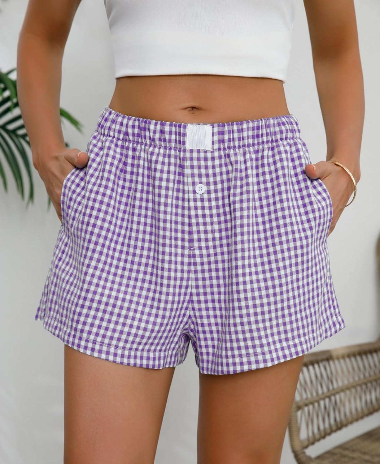 Womens Boxer Shorts Cotton Summer Casual Pajama Y2K Sleep Gingham Plaid Shorts Bottom with Pockets - Image 3