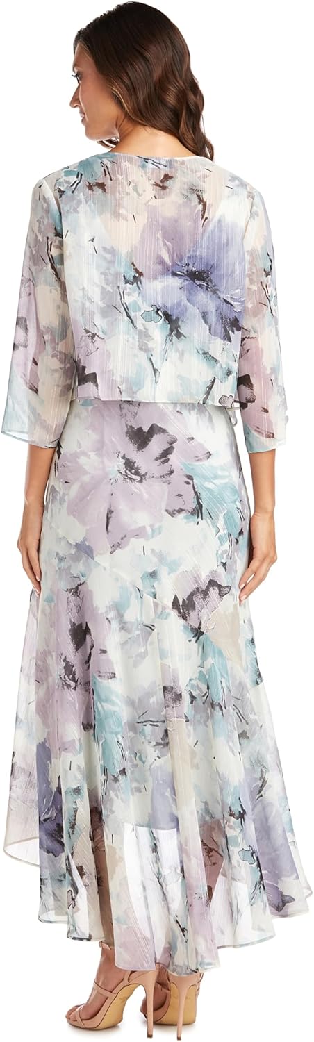 Elegant High Low Ruffle Floral Print Chiffon Dress W/ 3/4 Sleeve Sheer Coordinating Bolero