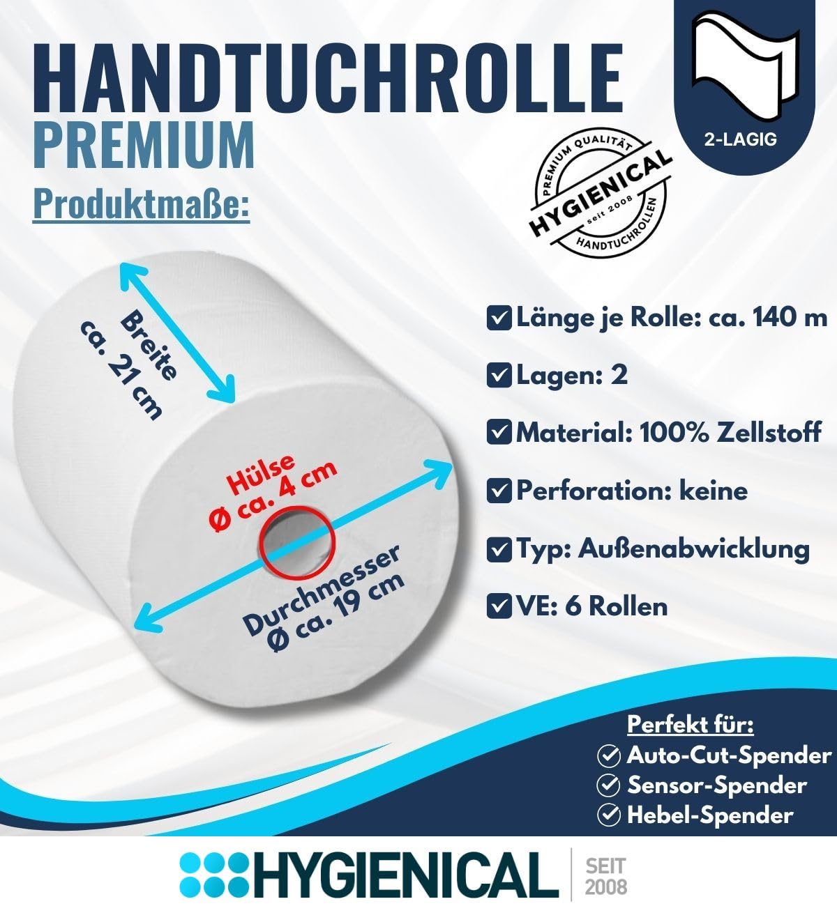 Premium Handtuchrollen 2-lagig, ca. 21 cm breit, aus 100% Zellstoff, kompatibel mit Spendern für Außenabwicklung, 6 Rollen – Weiche und saugstarke Papierhandtuchrollen