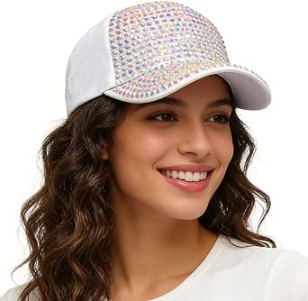 Womens Rhinestone Baseball Cap, Sparkle Bling Summer Sun Hat Adjustable Ponytail Sports Visor Cap, 56-60cm