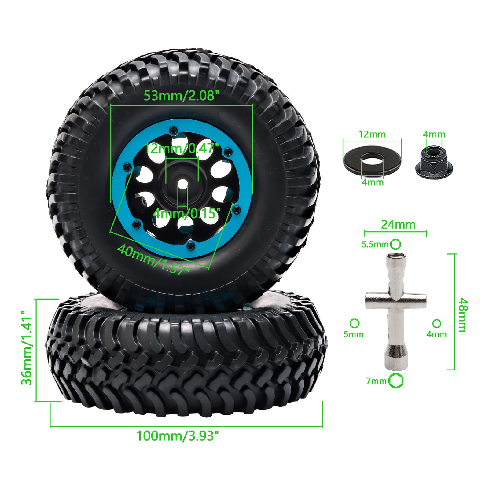 4-pak 1/10 RC opony i koła gąsienicowe, 4,8 cm plastikowa obręcz koła Beadlock 12 mm Hex Hub Off Road Crawling gumowa opona OD 100 mm, niebieska