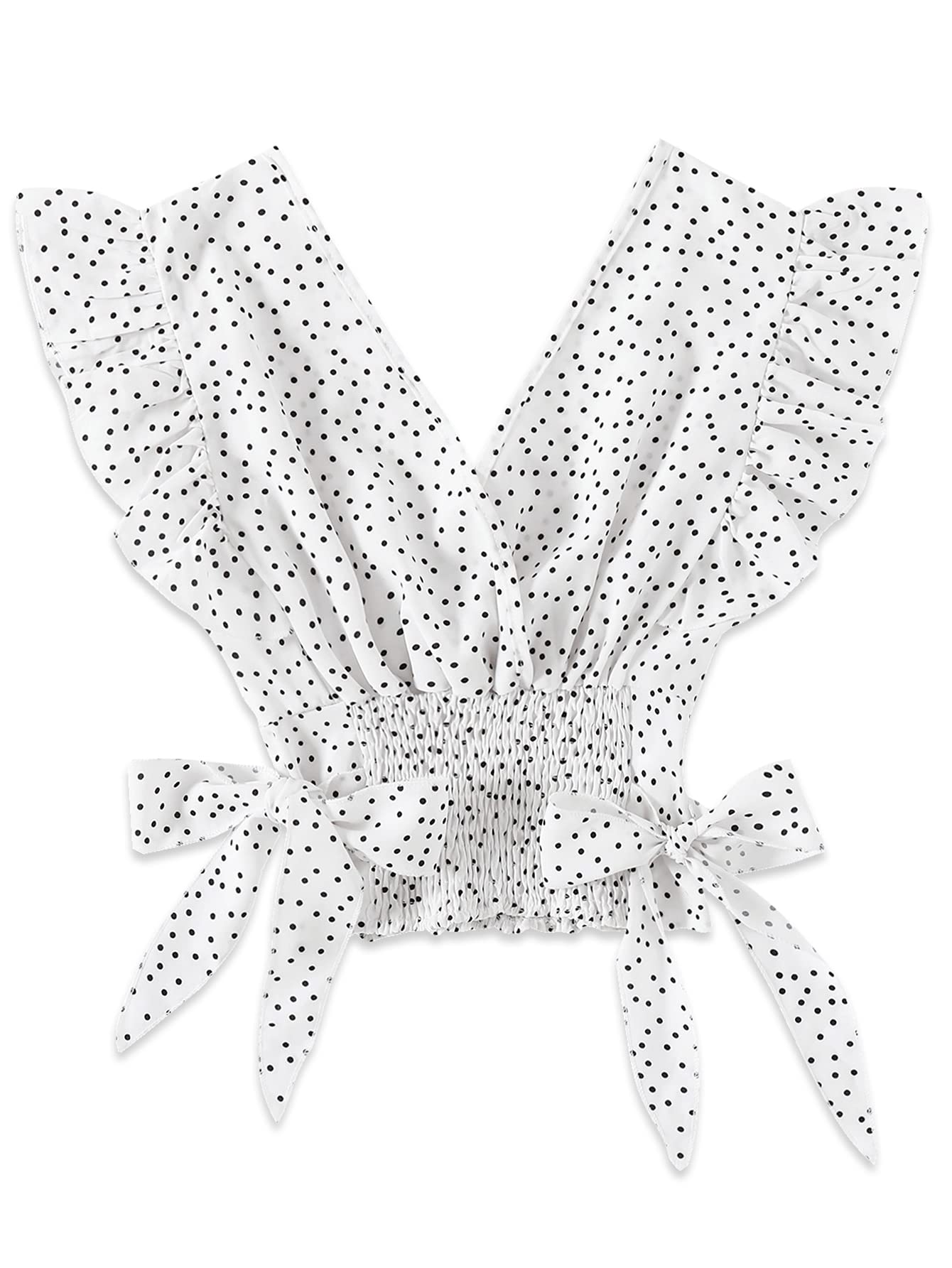 LYANERWomen's V Neck Ruffle Cap Sleeve Side Bow Knot Shirred Hem Blouse Crop Tank Top