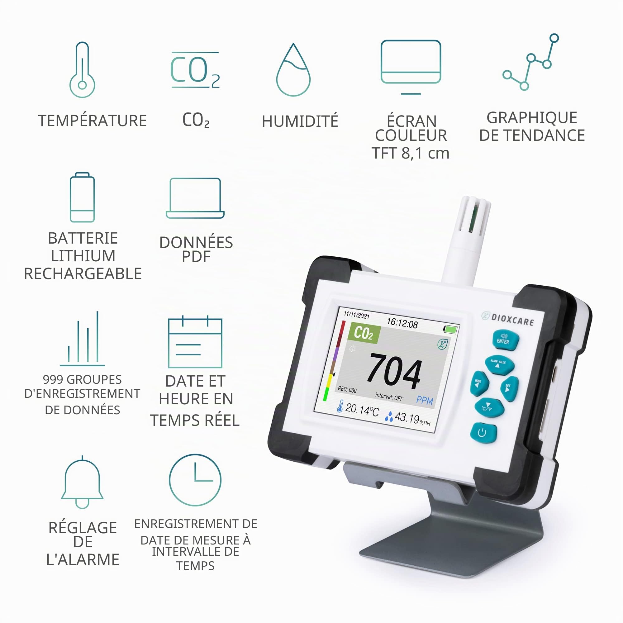 DX700 PDF Détecteur de CO2, Capteur NDIR Senseair S8, Haute Précision, Envoi de données PDF a l'ordinateur, Détecteur de CO2, Température et Humidité【Nouvelle Batterie 3000 mAh】