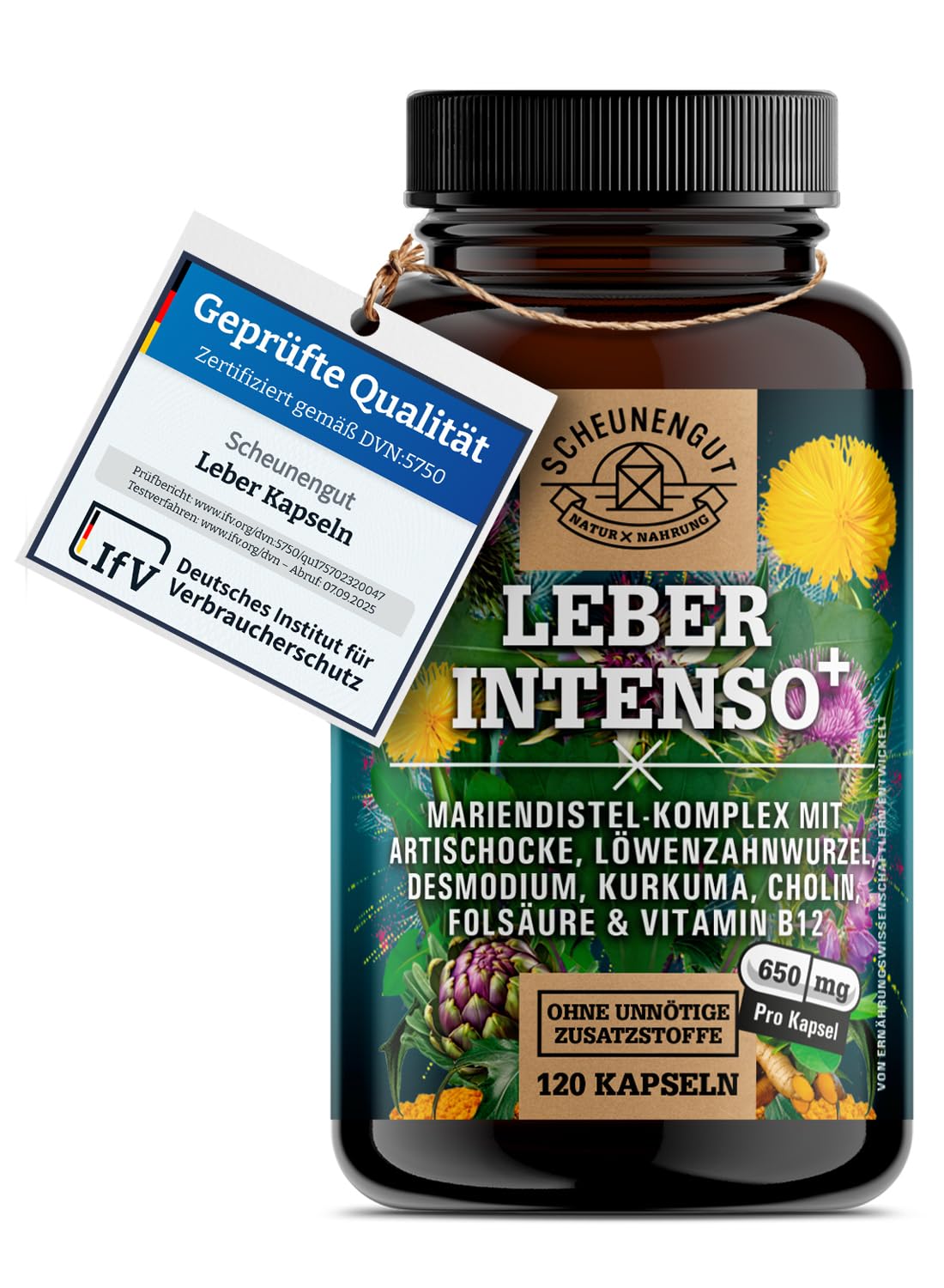 LEBER INTENSO®+ Leber Kapseln Hochdosiert -WICHTIG: Laborgeprüft mit Cholin, Mariendistel, Artischocke, Löwenzahn,Desmodium +80% Silymarin +5% Cynarin 120Stk DE SCHEUNENGUT®