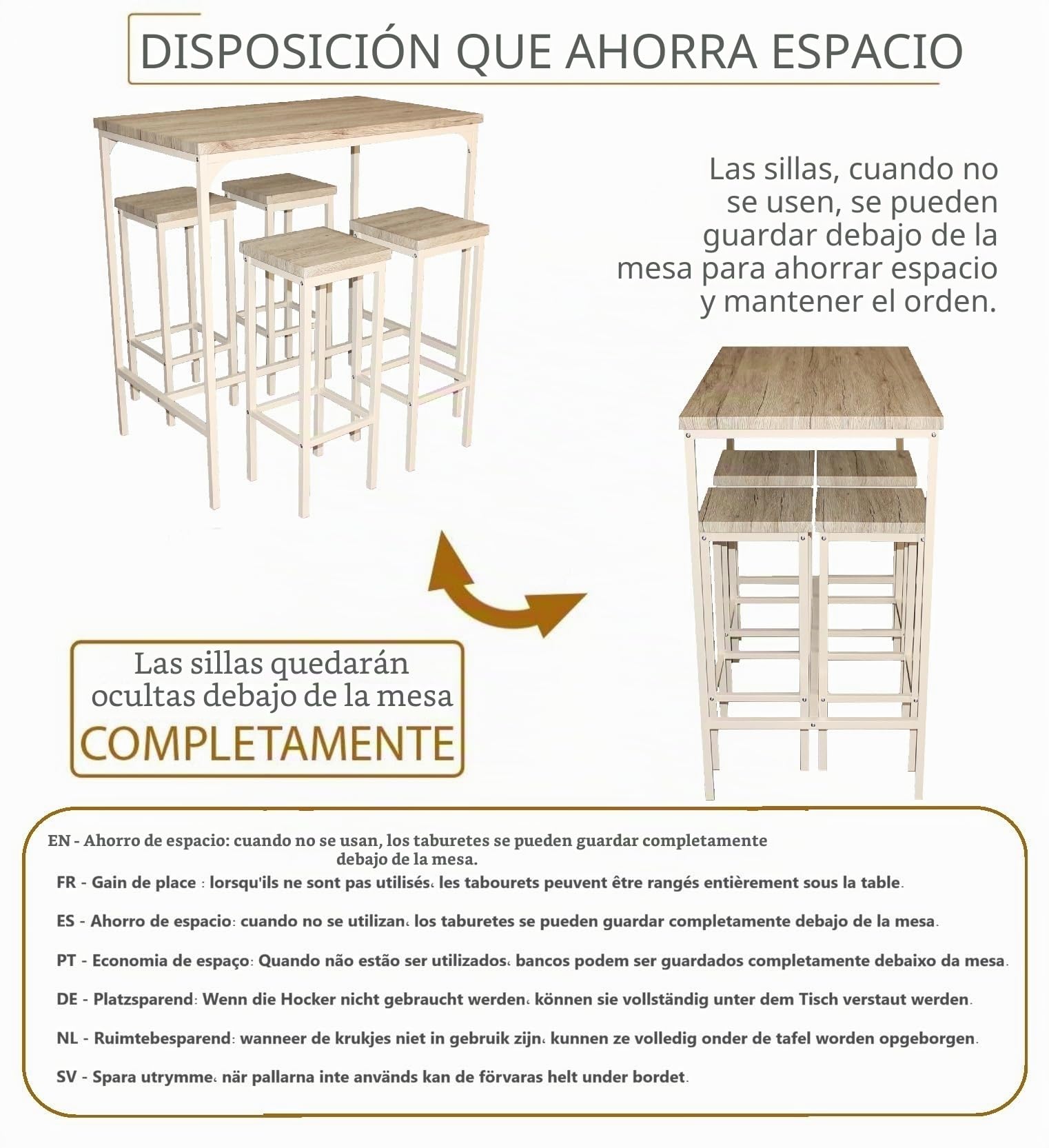 YELLOO Mod. RICCIONE Set de Mesa de Cocina Bar y 4 TABURETES Color Beige 110 cm x 66 cm x 110 cm Altura