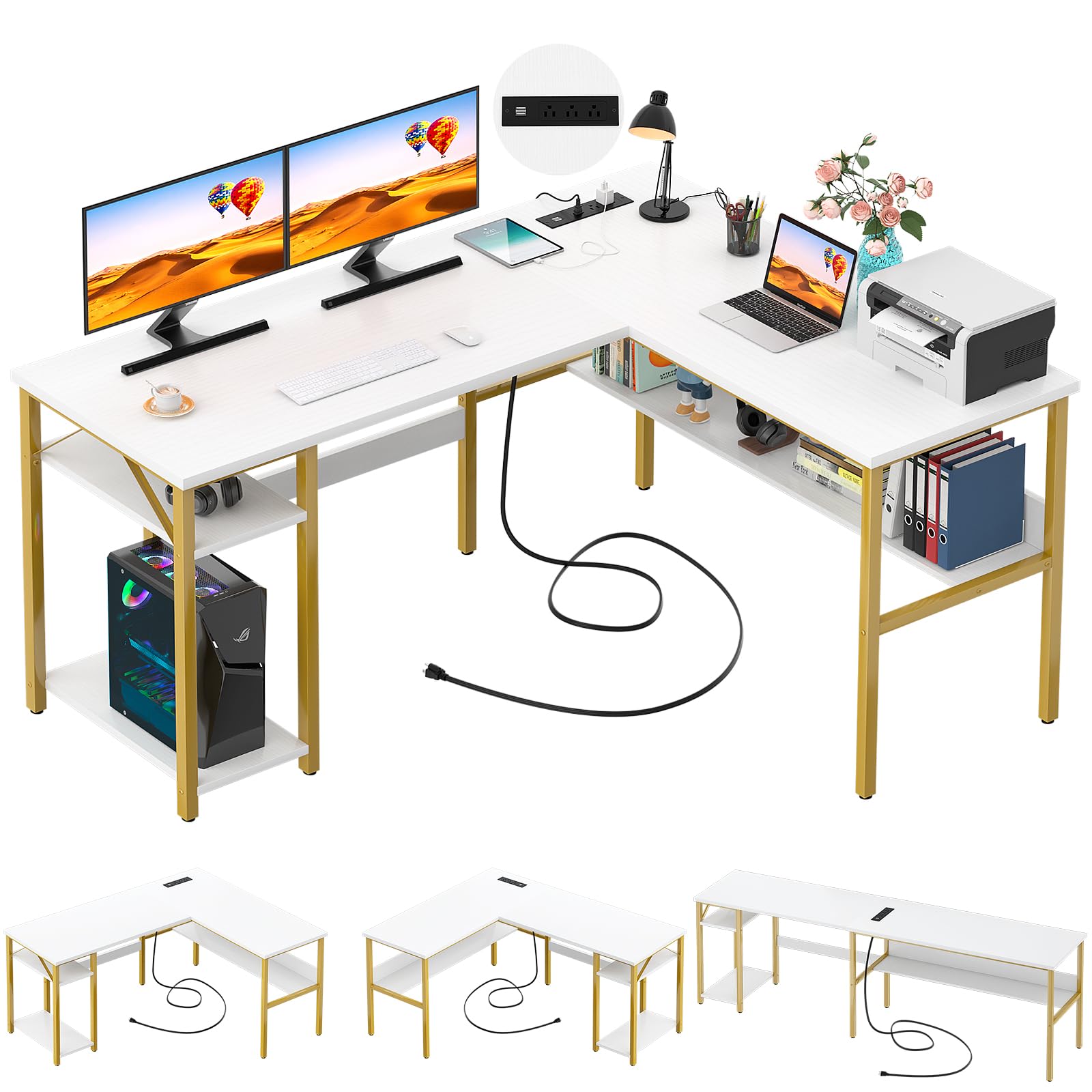 Unikito Reversible L Shaped Desk with Magic Power Outlets and USB Charging Ports, Sturdy Corner Computer Desk with Storage Shelves, Gaming Table Home