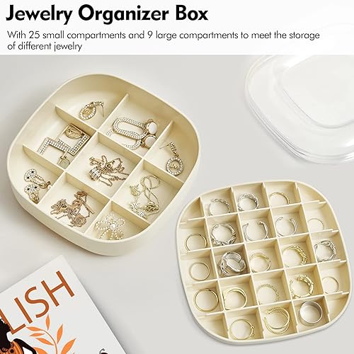 Miniatura 5 de Caja organizadora de joyas de 2 capas, bandeja para aretes con tapa transparente, estuche apilable para collares, pulseras, anillos, aretes (marfil)