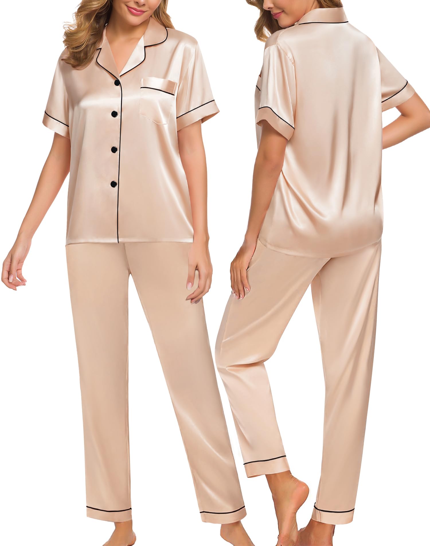 SWOMOG Women Satin Pajamas Set Short Sleeve Top & Pants Sleepwear Silky Button Down Nightwear 2pcs Loungewear Pjs Set