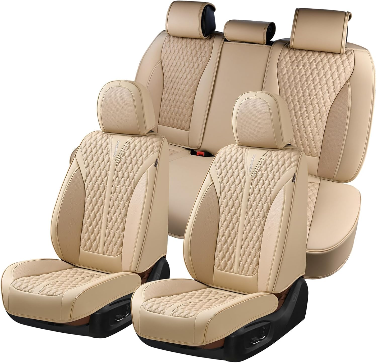 Coverado Car Seat Covers Full Set, Waterproof Nappa Leather Seat Covers for Cars, Front and Back Car Seat Protector, Luxury Car Seat Covers, 5 Seats Universal Beige Car Seat Cover Fit for Most Cars Beige FullSet