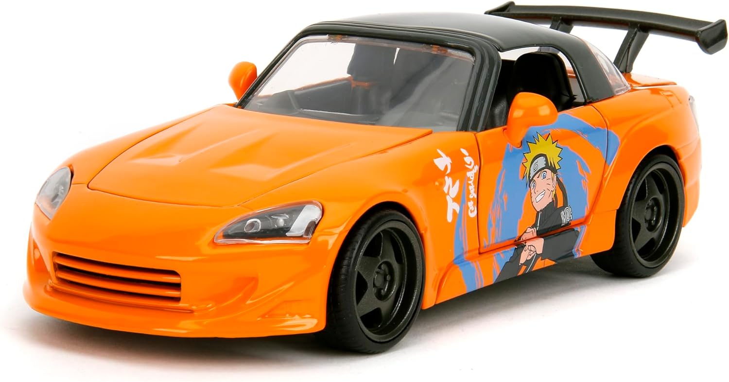 Jada 2001 Honda S2000 with Naruto Figure - Die-Cast Vehicle - 1:24 Scale, Opening Doors, Hood & Trunk, Rubber Tires - Hollywood Rides Anime Series - Ages 8+ - Orange/Black