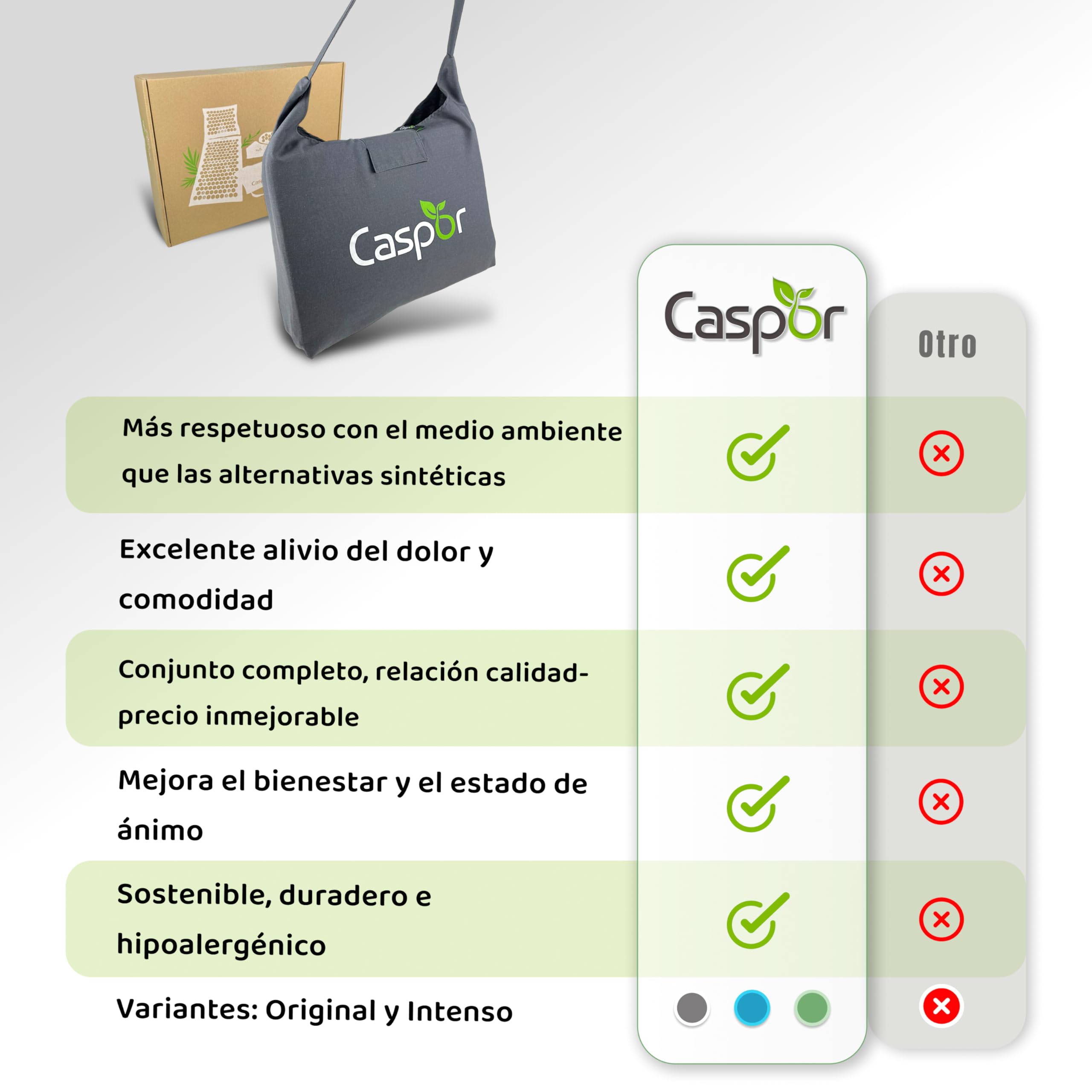 Akupressur Eco Set - Esterilla de acupresión con cojín, bolsa, guantes de masaje de lino 100% con fibras de coco, ganador de pruebas mate 05/24 para el dolor de espalda Caspor®