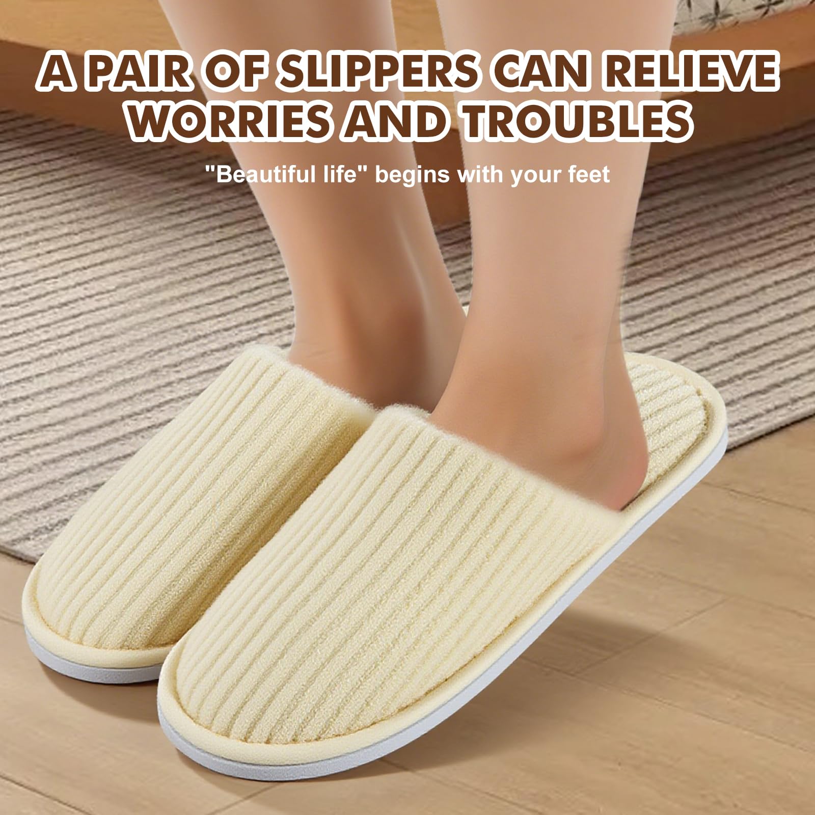 Lot de 10 paires de pantoufles de spa, antidérapantes, jetables, avec orteils fermés, en tissu éponge pour la maison, la chambre à coucher, la salle de bain, l'intérieur - Unisexe - Beige