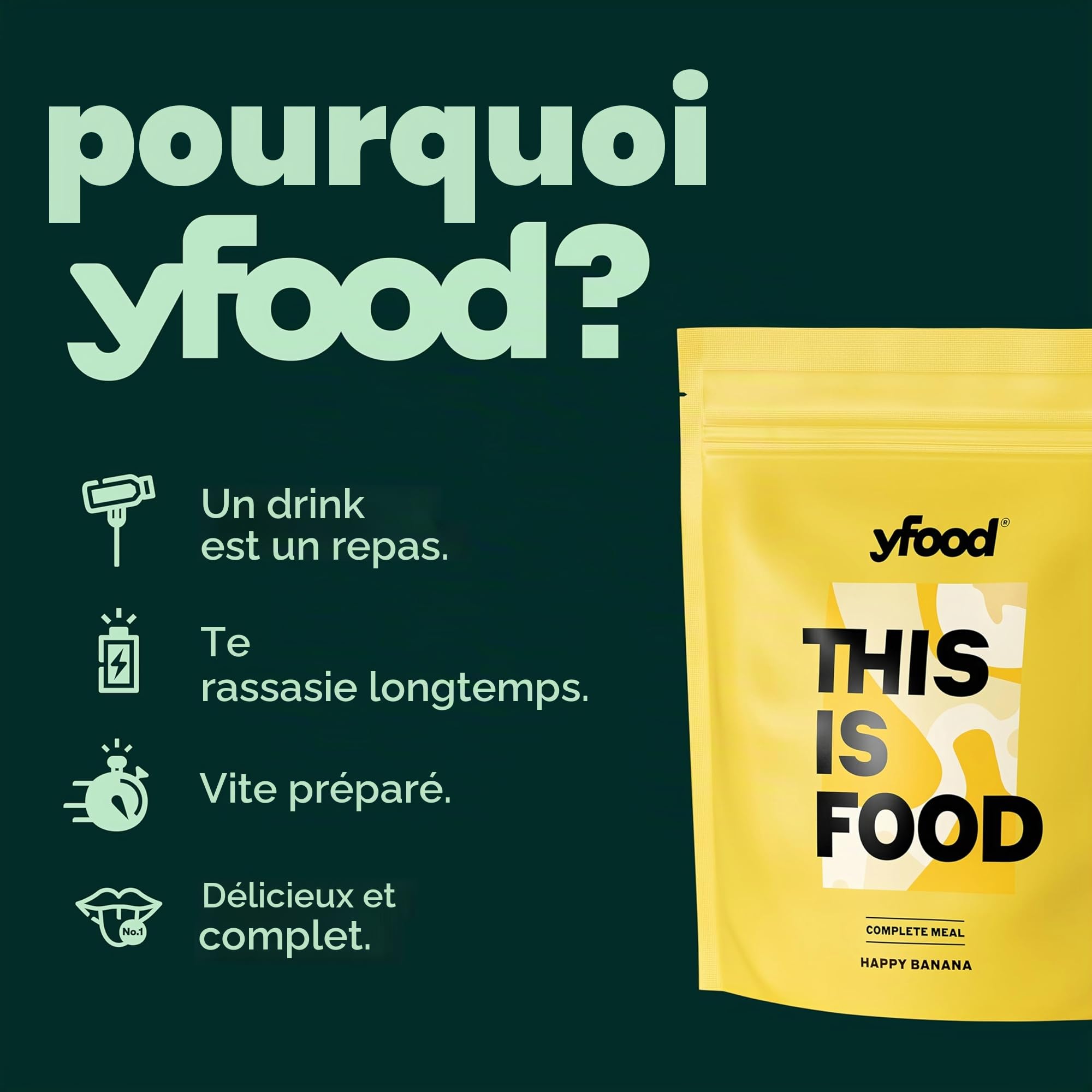 yfood Poudre Happy Banana, délicieux repas à boire pour les déplacements, en poudre, 25 g de protéines, 26 vitamines et minéraux, goût : banane