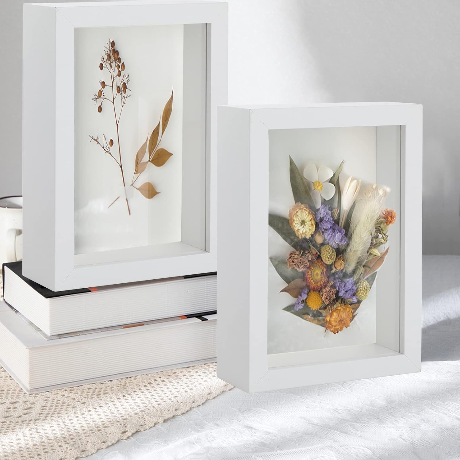 2pcs 4x6 Shadow Box Frame, 3D Picture Frame Display Cas with Real Transparent Glass for Photos, Memorabilia, Crafts, Souvenir, Wedding Memories, Baby Items - White/ 1.2 Inch Depth image 3