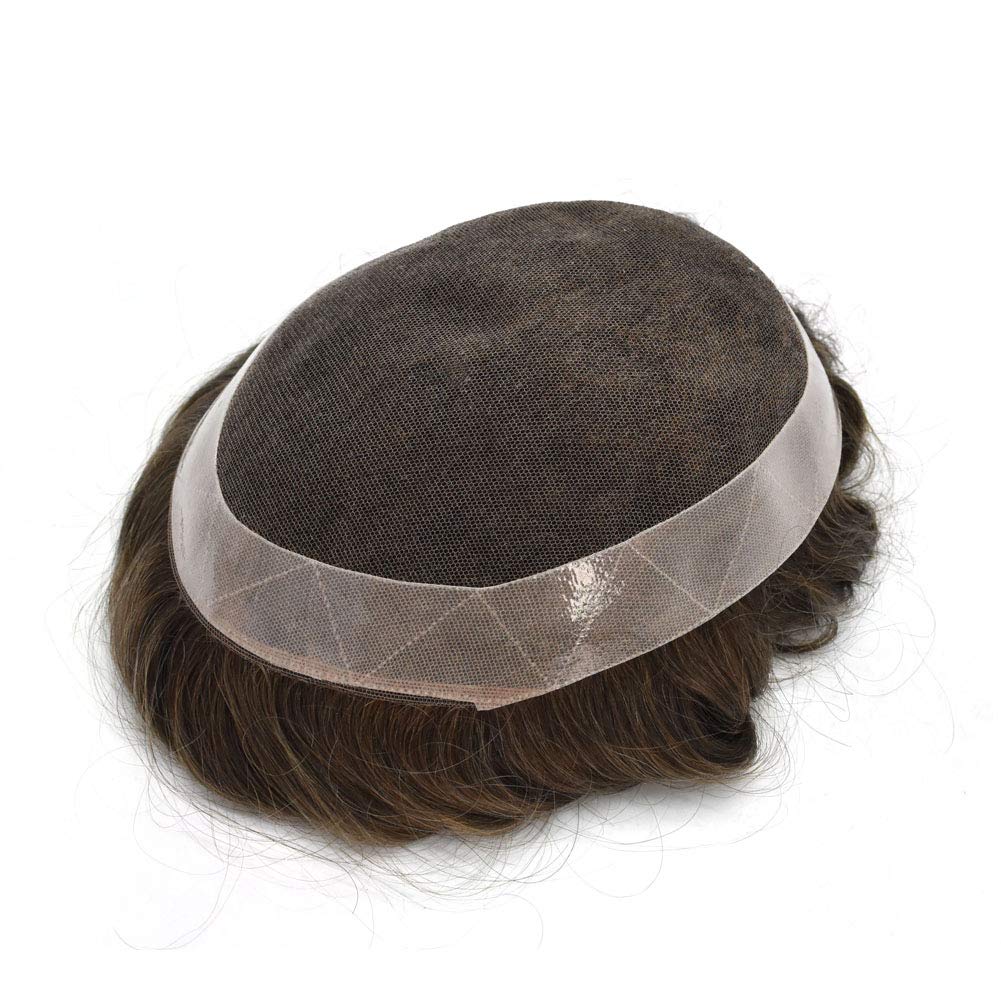 LYRICAL HAIR Toupee For Men Human Hair Undetectable French Lace Mens Replacement System Grey Black Brown Ash Blonde Poly Skin Around Mens Wig Hairpieces (7X9", #440 4# MEDIUM BROWN WITH 40% SYNTHETIC GREY)