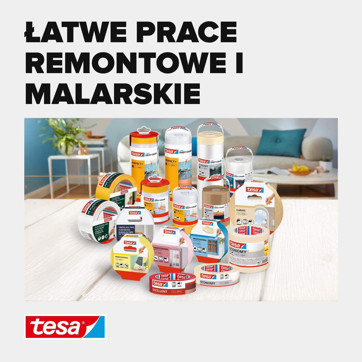 tesa Easy Cover UNIVERSAL folia malarska 2w1 - ochronna folia malarska oraz taśma maskująca zabezpieczająca krawędzie - 17m x 2,60m