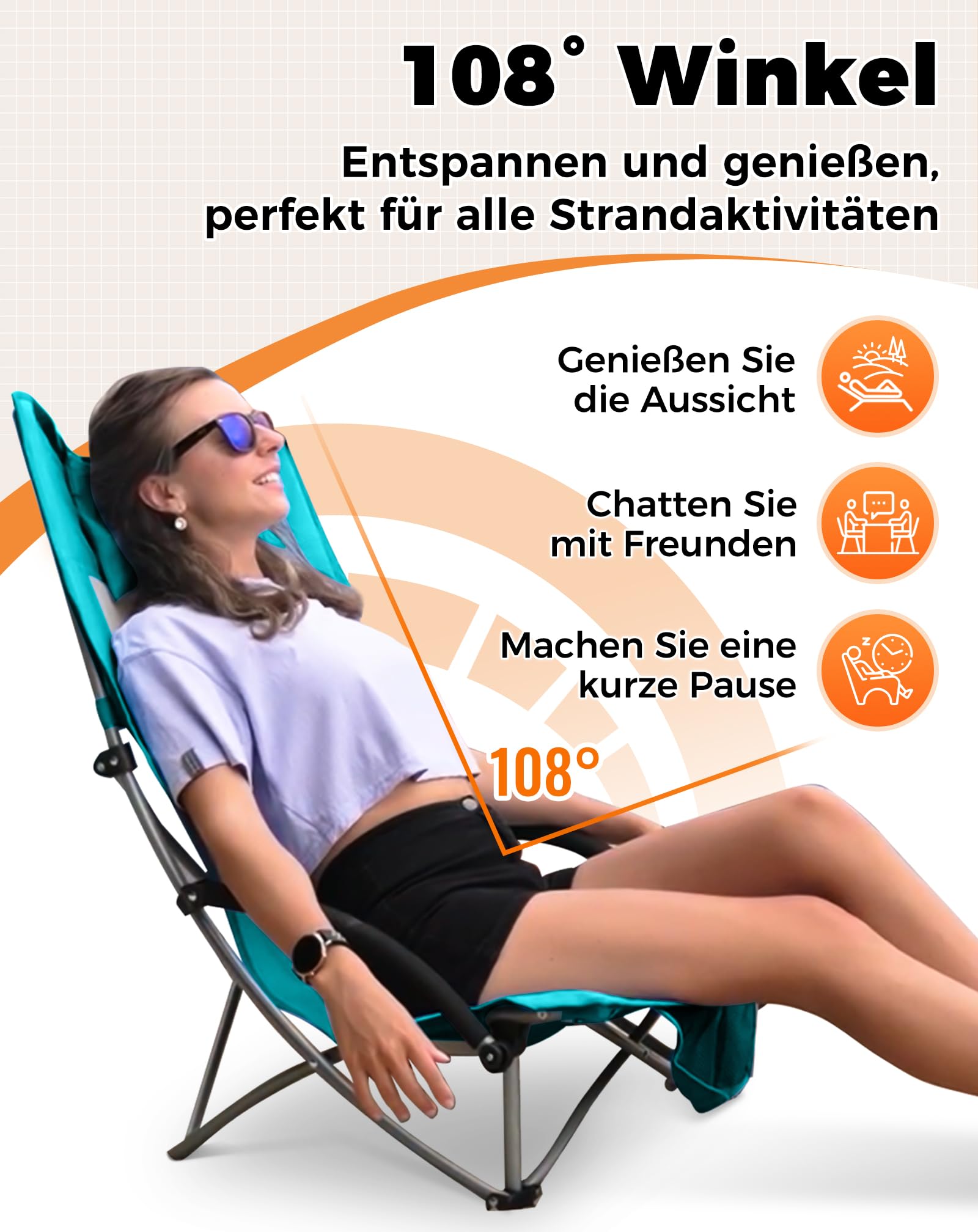 KingCamp Niedrig Strandstuhl Klappbar Leicht, bis 180 kg Belastbar, Campingstuhl Strandstuhl Faltbar mit Hohe Netzrückenlehne, Klappstuhl Strand mit Getränkehalter Netztasche, Strandsessel Cyan