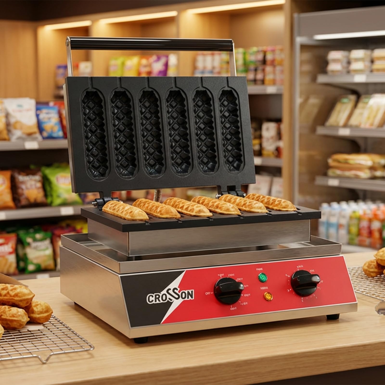CROSSON Machine à Gaufres Pour Corn Dogs Commerciale,6 Pièces Gaufrier professionnel en acier inoxydable avec Revêtement Anti-Adhésif Contrôle de la Température et du Temps,1600W