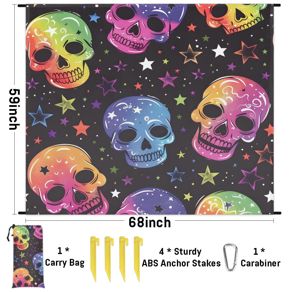 Eabrults Waterproof Sandproof Beach Blanket, 59''×68'' Skull Head Polyester Outdoor Picnic Blanket with 4 Stakes & Storage Bag for Beach,Camping,Vacation Black Background