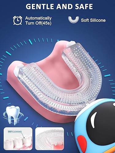 Miniatura 5 de FTOYIN Cepillo de dientes eléctrico en forma de U para niños con 3 cabezales de cepillo, 5 modos, recordatorio inteligente, astronautas de dibujos