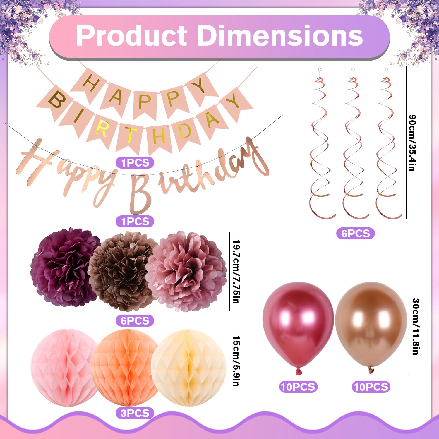 Set di palloncini decorativi per compleanno, ghirlanda di palloncini e spirali, decorazione di compleanno, pompon di carta, Honeycomb per ragazze e donne