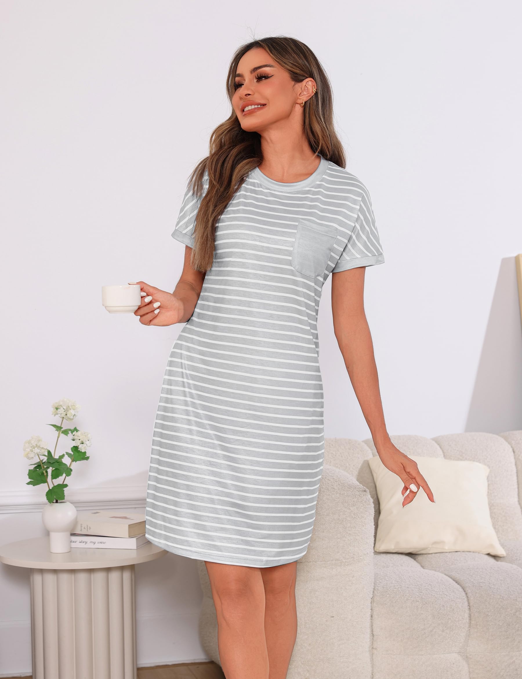 Jahetuul Camicia da Notte Donna Cotone a Righe Contrastanti con Collo Rotondo Abito da Notte con Maniche Corte Raglan Camicia da Notte da Donna con Tasche