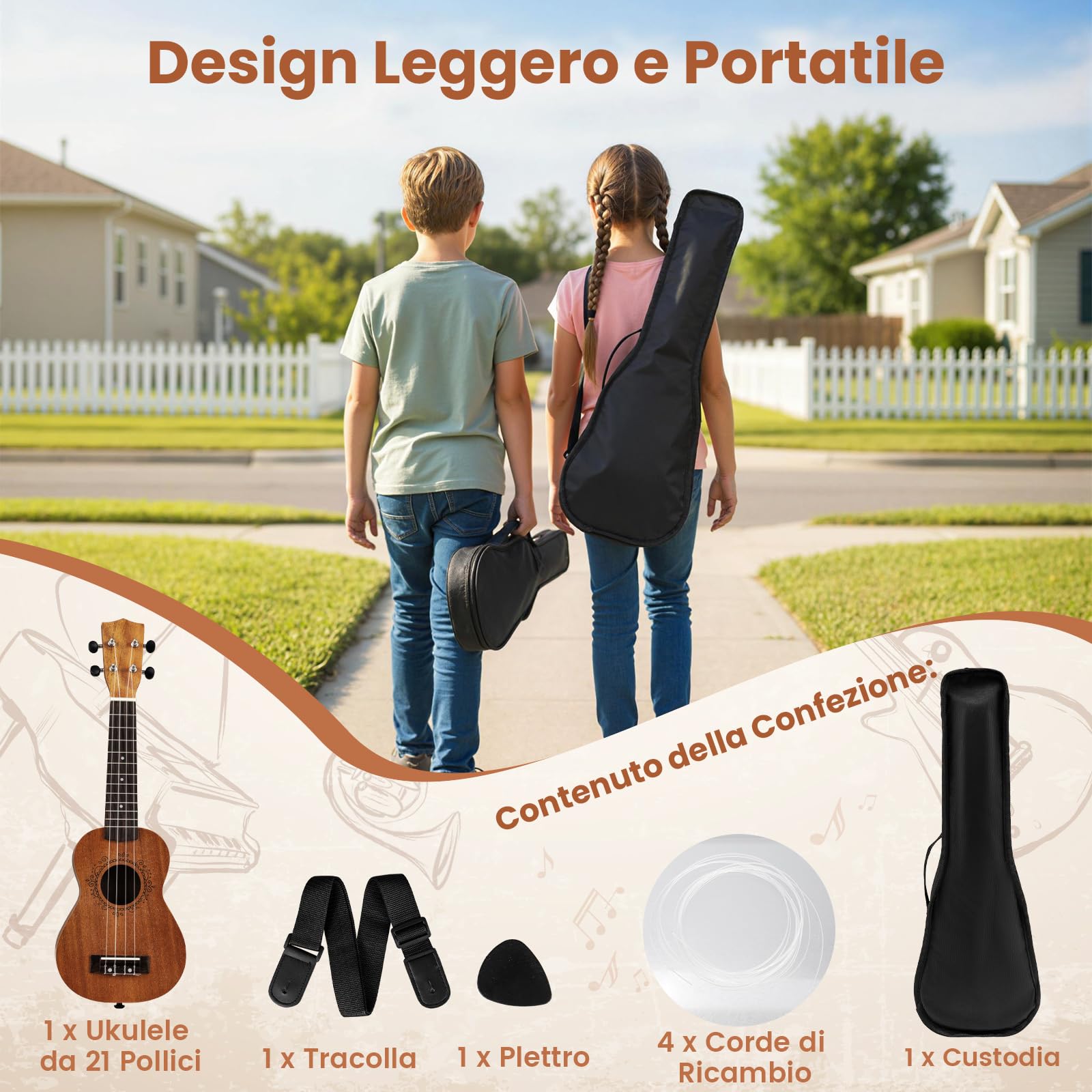 COSTWAY Ukulele per Adulti Principianti, Set Ukulele Soprano in Legno di Mogano con Borsa, Plettri, Cinghia Regolabile e Corde di Nylon Extra, Kit Starter per Bambini