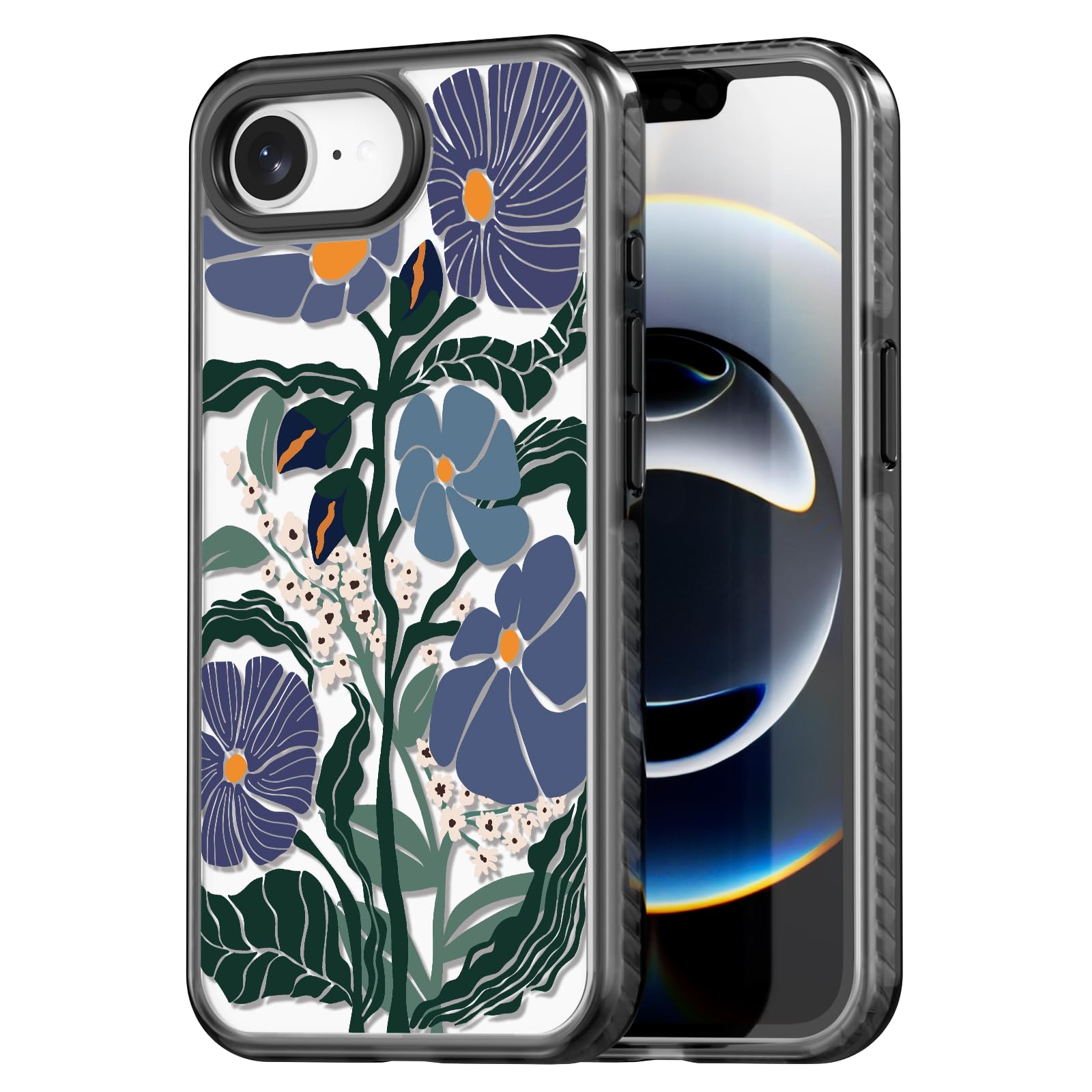 Rosarnnah Compatible for iPhone 16E Case Cute - Durable Shockproof 6.6 ft Drop Impact Phone Case - Black Funny Passiflora Caerulea Design for iPhone