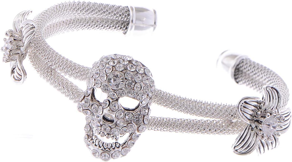 Alilang Womens Jewelry Gothic Punk Skull Floral Halloween Rhinestone Gray Silver Cuff Bracelet