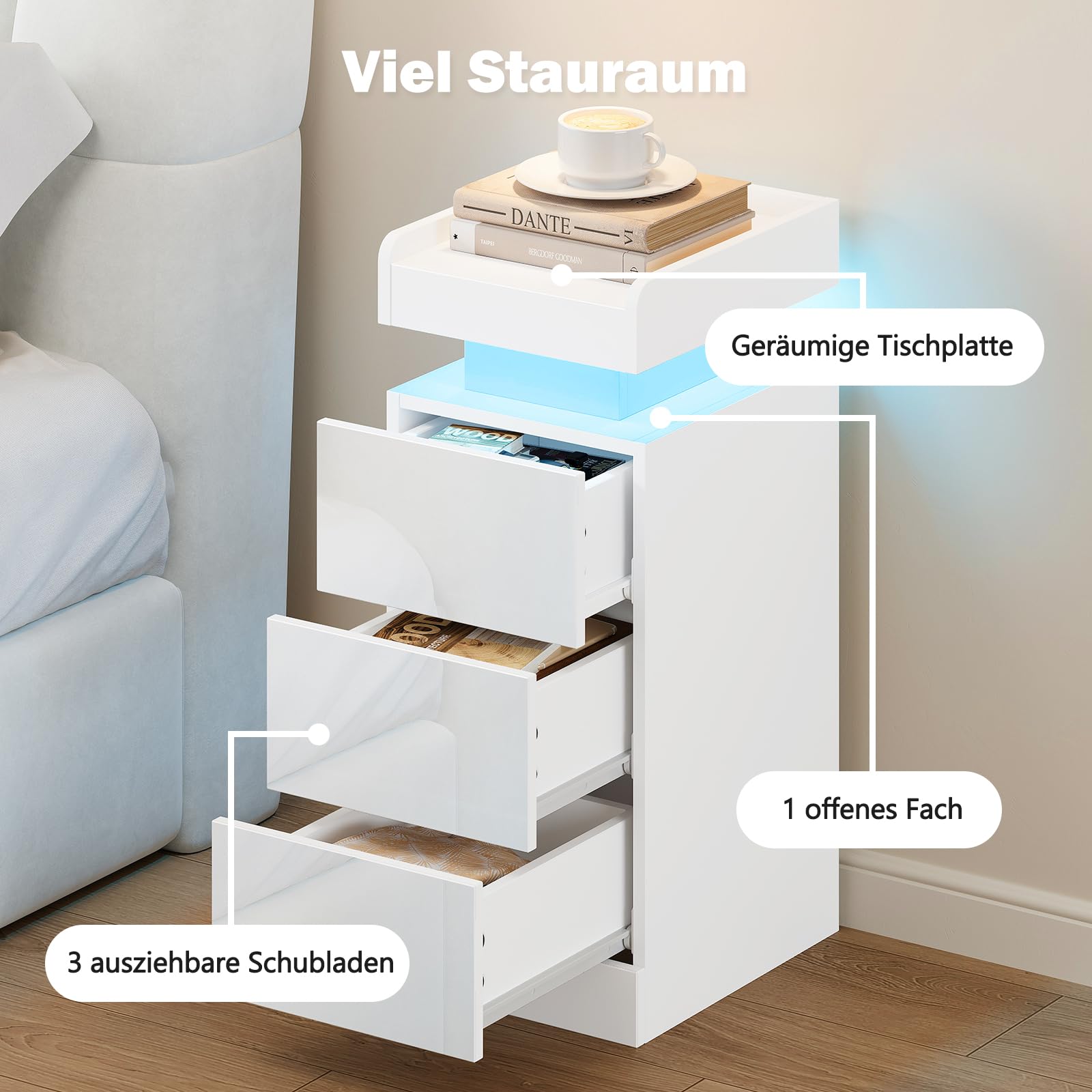 Dripex Nachttisch 2er Set schmal, 3 Schubladen LED Beistelltisch mit RGB Licht Weiß
