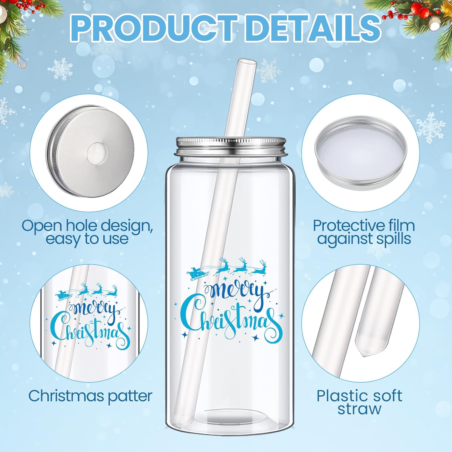 Pickmesh 24 Pcs Christmas Plastic Cups Bulk 13.5 oz Reusable Cups with Lid and Straw Blue Drink Cold Coffee Water Beverage Tumbler Gifts for Adults Xmas Party Favor Holiday Supplies - Image 3