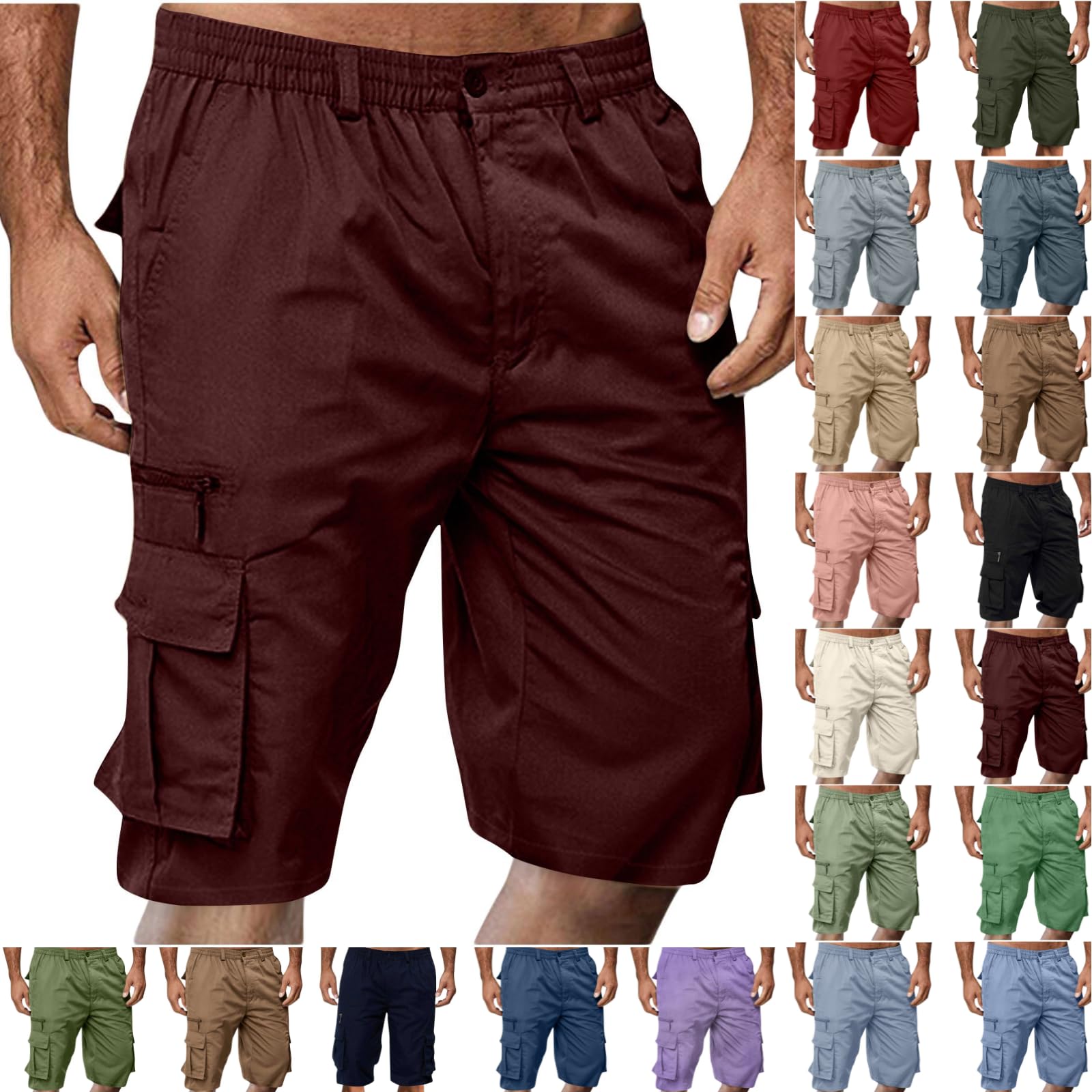Cargo Shorts for Men,Summer Casual Elastic Waist Big Tall Baggy Shorts Lightweight Hiking Short with Multi Pockets