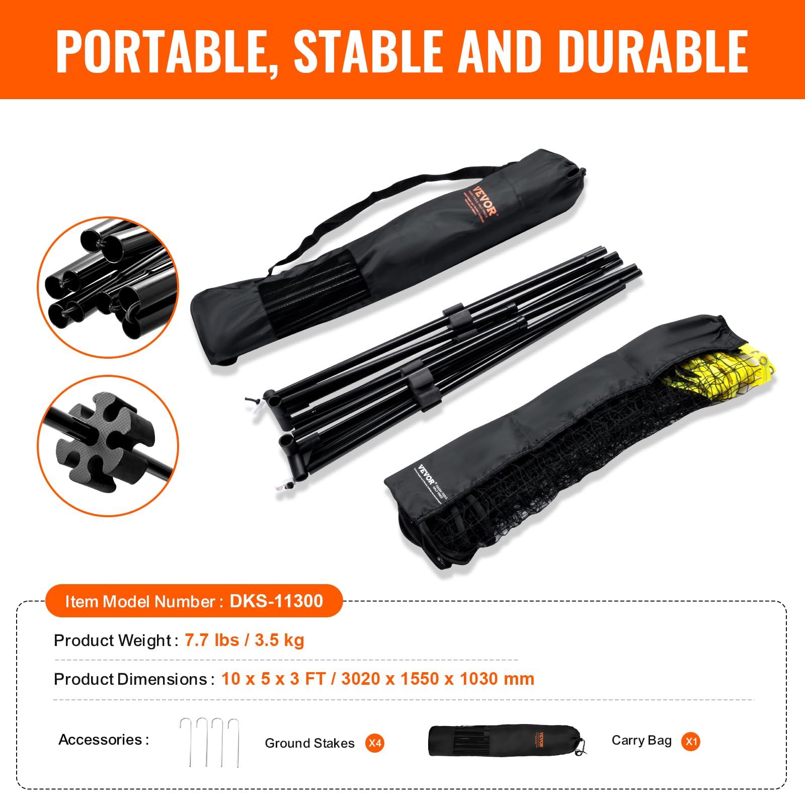 VEVOR Rete da Badminton Pallavolo Tennis, Set di Rete Pickleball Pieghevole Nylon Portatile, Regolabile Altezza, Facile da Installare con Pali Borsa, Uso Interno Esterno, 302 x 155 x 103 cm