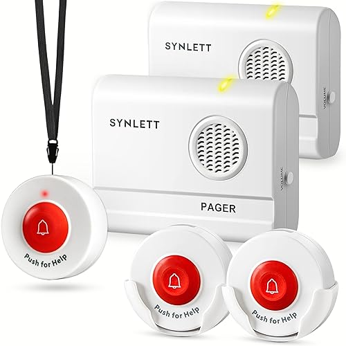 SYNLETT Caregiver Pager Wireless Nurse Call Button for Elderly Home Monitoring Alert System Portable Alarm Bell Seniors Patients Emergency 3 Call Buttons, 2 Pagers - 3 Call Buttons 2 Receivers