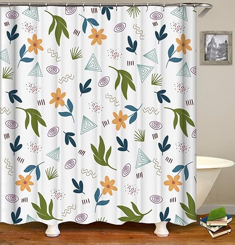 ahbreton Tela de cortinas de ducha flores amarillas hojas verdes azules plantas patrones geométricos diseño de impresión de tela decorativa