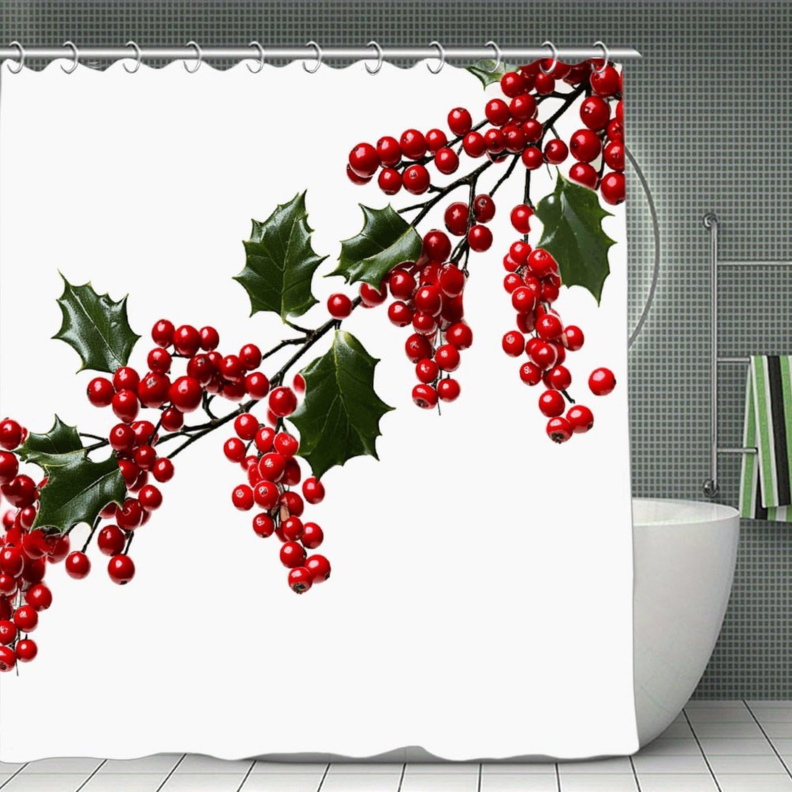 VstaDank Holly Berry Branches Bath Curtain Elegant Heavy Duty Shower Curtains 70x70 in Rustic Farmhouse Cloth Shower Curtains Neutral Modern Bath Curtain for Bathroom