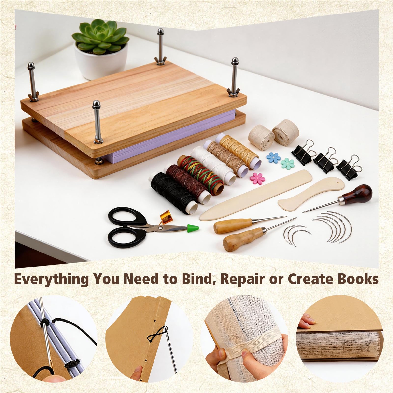 SunshineFace Kits de encuadernación de libros, kit de encuadernación de 35 piezas con prensa de encuadernación de madera, carpetas de hueso, punzones, agujas, hilo, suministros hechos a mano para