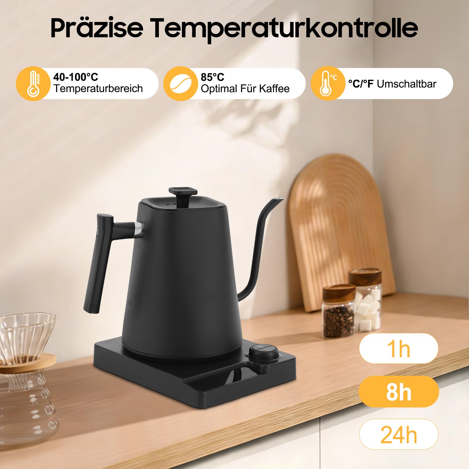 Hervidor eléctrico de cuello de cisne, 1 L, con indicador LED y función de mantenimiento del calor, ajuste de temperatura 40 – 100 °C, acero inoxidable, color negro
